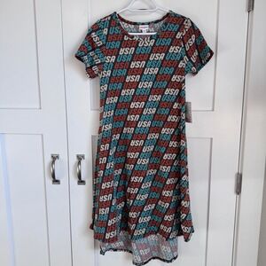 NWT LuLaRoe Carly Women's Size XS USA Patriotic Hi Low Hem Red White Blue Black